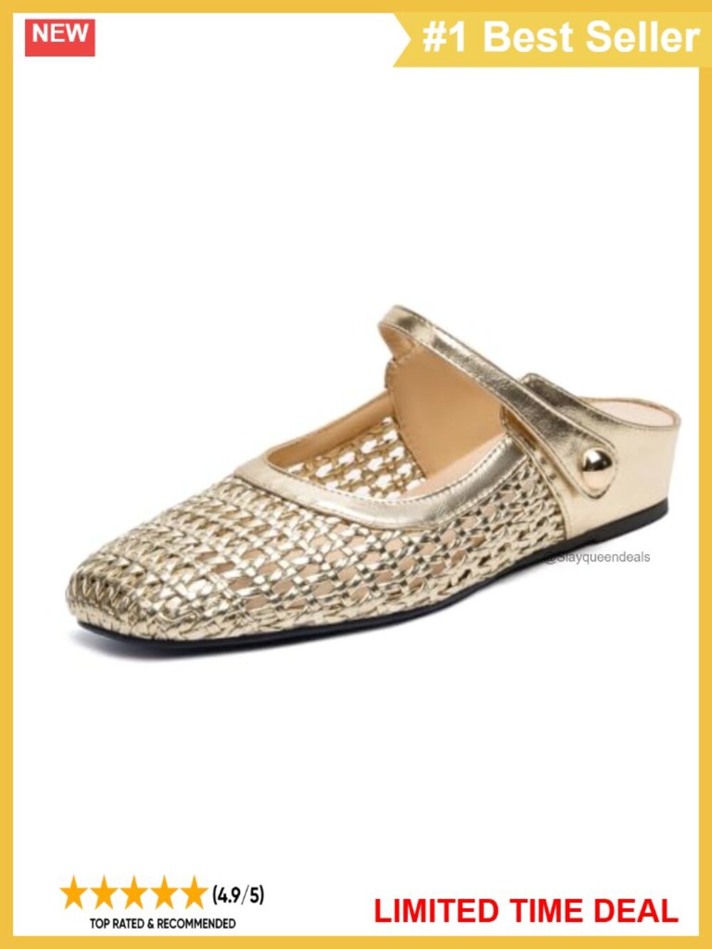 Woven Perforated Mary Jane Mule Flats Square Toe Adjustable Strap Slip On